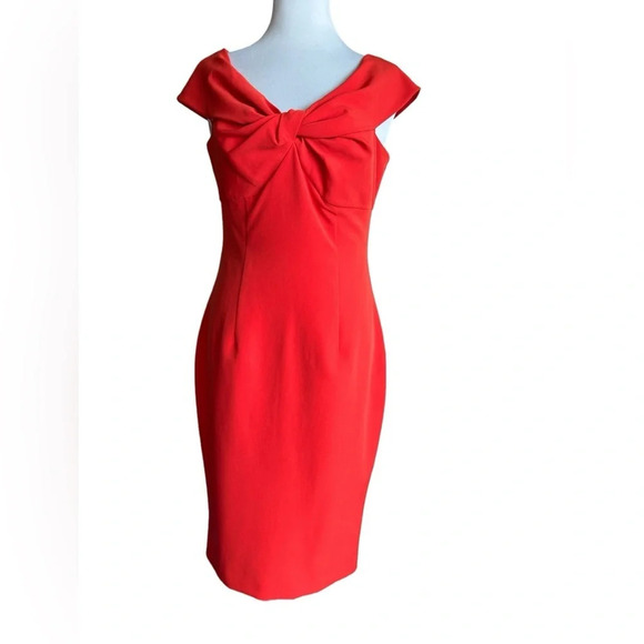 Trina Turk Red Bow Sheath Dress Size 4 Off Shoulder Crepe Cocktail Party 4 NWT - Picture 2 of 7